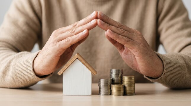 Concept of asset protection with a man's hands shielding a small house and stacks of coins.