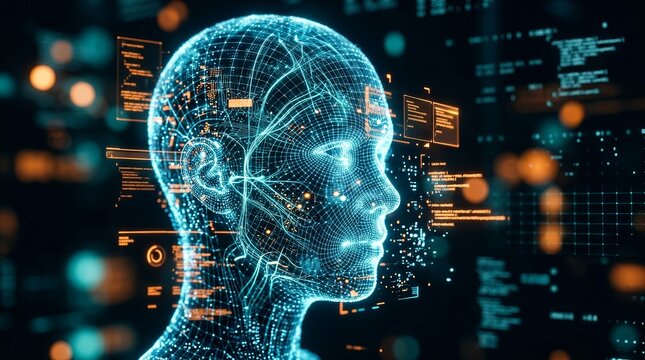 Digital human head profile representing data analysis and fund investment for project managers.
