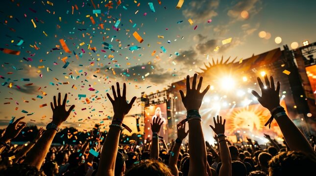Excited crowd with hands up celebrating during a festival with flying confetti.