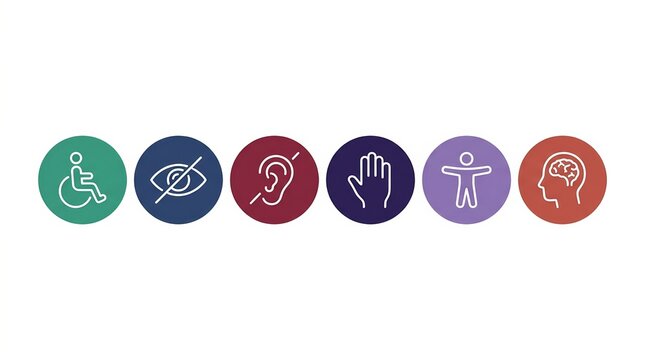 Set of single stroke accessibility icons for WCAG compliance with colorful circles.