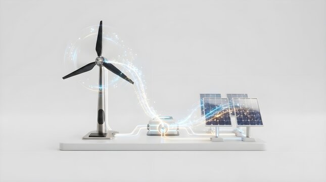 Wind turbine generating electricity with glowing energy flow lines, clean power technology and sustainable energy production, renewable resource innovation concept, futuristic green energy visual.