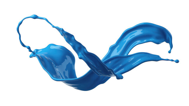 A dynamic blue liquid splash with a swirling motion, creating fluid shapes and suspended droplets against a solid black background