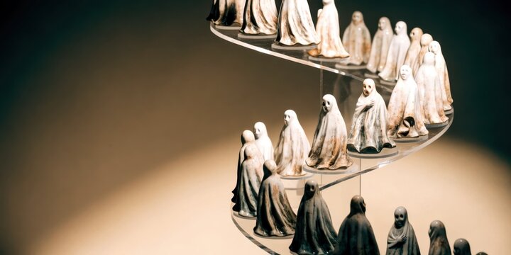 Halloween and ghost product display concept. Miniature figures of people dressed in robes arranged on a spiral staircase against a dark background.