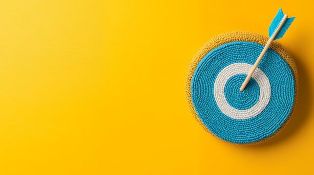 A turquoise and mustard yellow crocheted target is hit by a wooden arrow with teal fletching, set against a yellow background