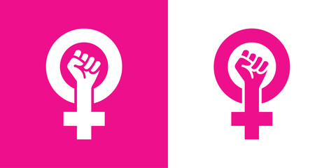 Feminism Symbol. The iconic Venus symbol, representing womanhood, is powerfully depicted with a clenched fist raised in a gesture of solidarity and strength. © Joba Vector Studio