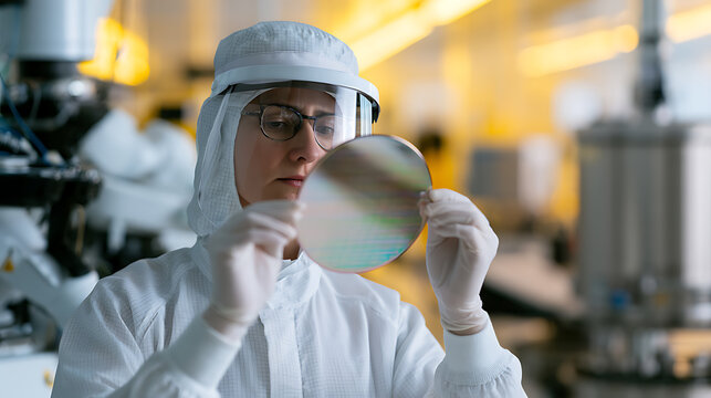 A dedicated female semiconductor engineer in cleanroom attire carefully inspects a silicon wafer disk for flaws during microchip producti