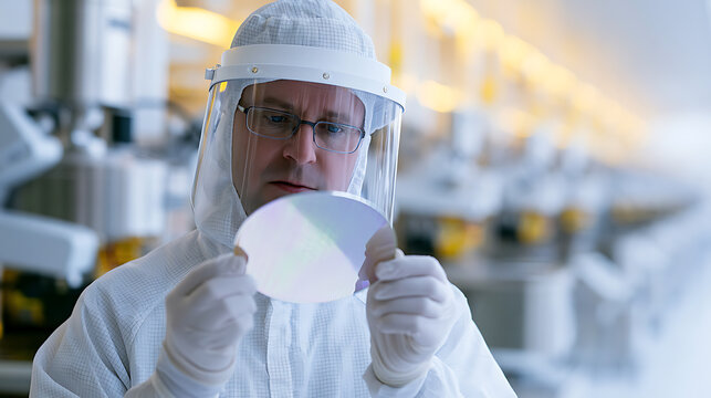 Engineer in cleanroom wear safety suit and face shield inspect silicon wafer semiconductor microchip component technology production facility