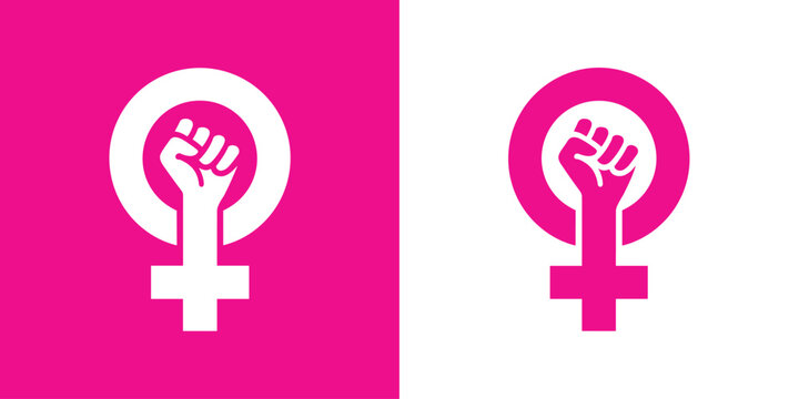 Feminism Symbol. The iconic Venus symbol, representing womanhood, is powerfully depicted with a clenched fist raised in a gesture of solidarity and strength.