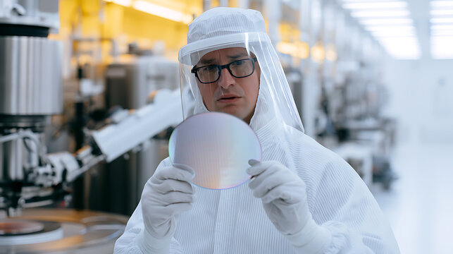 Engineer in cleanroom suit inspect silicon wafer in modern microchip production facility laboratory technology industry manufacturing sector