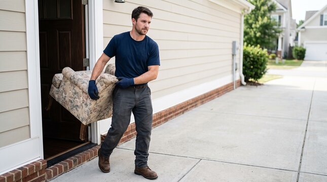 Junk removal worker carrying old chair from a suburban home, professional decluttering service, safe furniture disposal, clean residential cleanup and moving support