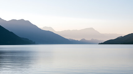 Obraz premium Serene landscape featuring calm water reflecting majestic mountain ranges under a peaceful morning sky with soft pastel color tones and mist