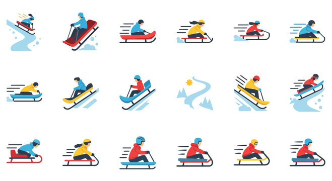 Collection of flat design icons representing people sledding down snowy hills in various styles and poses.