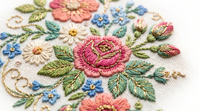 Beautiful floral embroidery design featuring colorful roses and daisies on white fabric.
