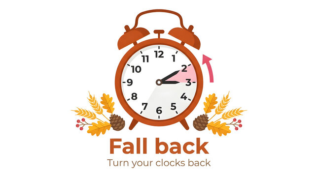Fall back daylight saving time reminder vector design with alarm clock and wheat autumn leaves bell clock