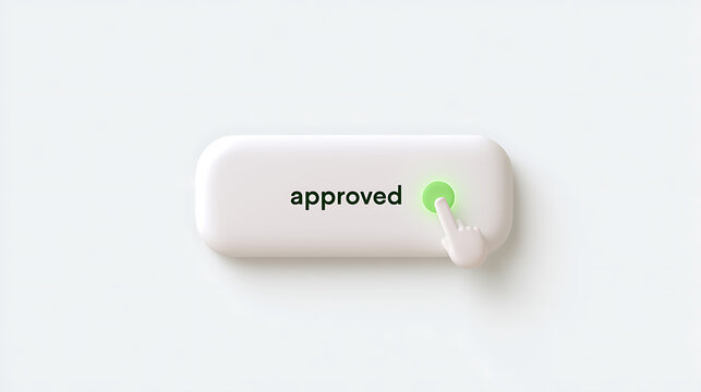 Minimalist 3d render of a white interface button with the text approved and a green indicator light pressed by a cursor isolated on white