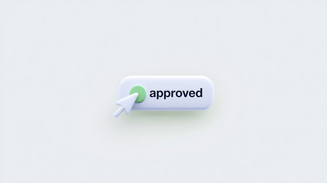 3D render of an approved button with a mouse cursor clicking on it, clean minimalist design isolated on a white background, concept symbol