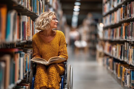 A woman in a wheelchair sits among towering bookshelves, absorbed in reading, her love for literature and accessible spaces are quite apparent