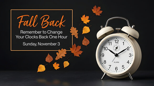 Fall back daylight saving time reminder with alarm clock and autumn leaves time change autumn season