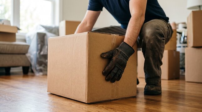 Gloved junk removal worker lifting a sturdy cardboard box from floor level, professional hauling detail, safe hand placement, household cleanout and moving preparation