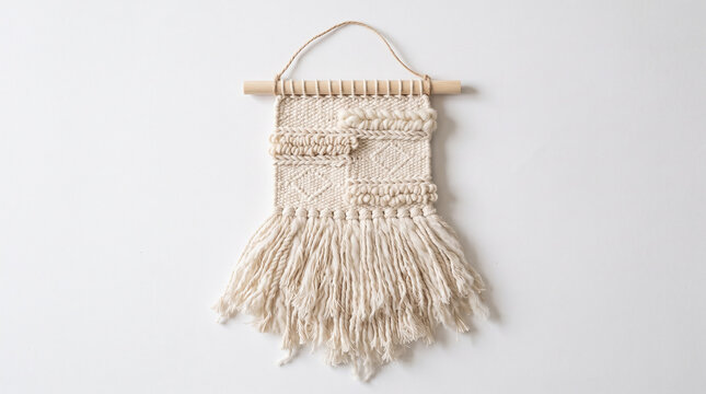 Handmade macrame wall hanging decoration with fringe on a wooden dowel.