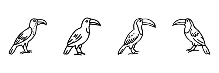 Naklejka premium Bird Toucan Hand Drawn Doodle Icon Set. Tropical Bird Species, Wildlife, Nature And Zoo Sketch Symbol Collection. Animal. Isolated Vector Illustration