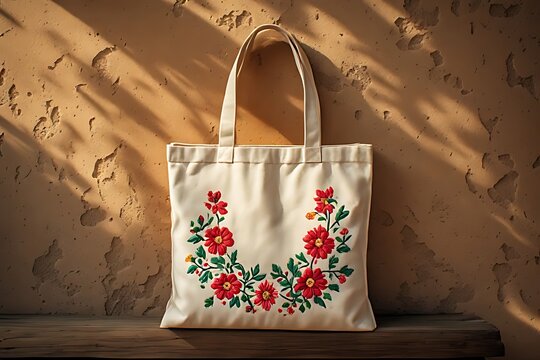IA generated Peruvian embroidered tote bag mockup on adobe. Ethical fashion branding template with golden hour warm light.
