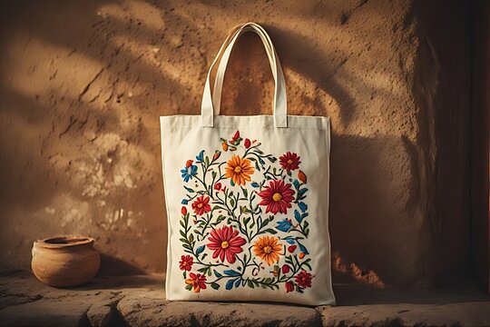 IA generated Peruvian embroidered tote bag mockup on adobe. Ethical fashion branding template with golden hour warm light.

