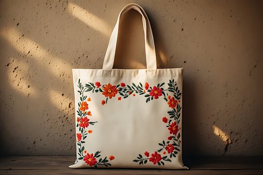 IA generated Peruvian embroidered tote bag mockup on adobe. Ethical fashion branding template with golden hour warm light.
