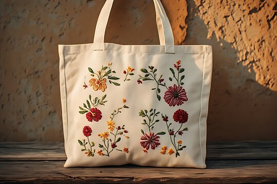 IA generated Peruvian embroidered tote bag mockup on adobe. Ethical fashion branding template with golden hour warm light.
