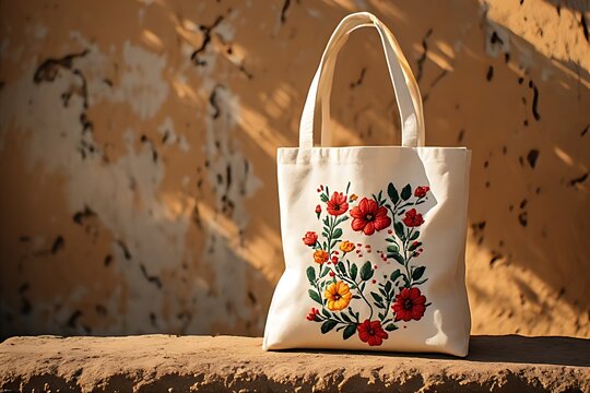 IA generated Peruvian embroidered tote bag mockup on adobe. Ethical fashion branding template with golden hour warm light.
