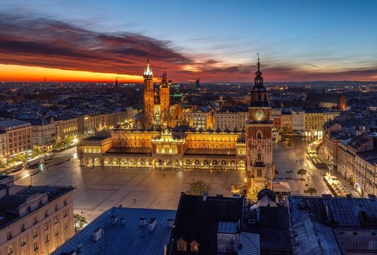 Krakow Main Market Square at blue hour, Poland