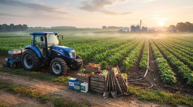 Blue tractor in green agricultural farm field during sunrise highlighting farming industry and labor
