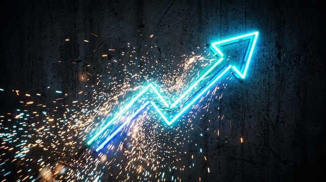 A vibrant blue neon arrow graph pointing upwards, surrounded by a shower of bright sparks, against a textured dark background, symbolizing growth and success.