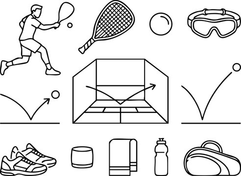 Squash game equipment and player vector line art icon set with water bottle