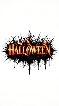 Halloween text design with fiery orange flames and black ink splatter effects isolated on white background