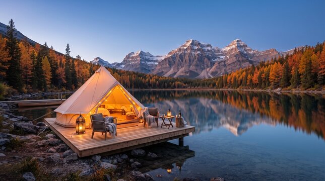 Luxury glamping tent on wooden deck reflects in serene alpine lake at golden hour