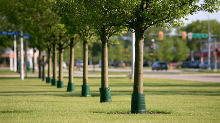 Naklejka premium A row of young deciduous trees line a vibrant urban parkway in early summer, featuring green tree guards around the trunks for protection