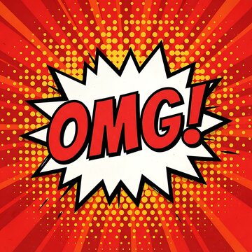 Comic book style explosion speech bubble with the text omg, vibrant red background with halftone dots and sunburst rays