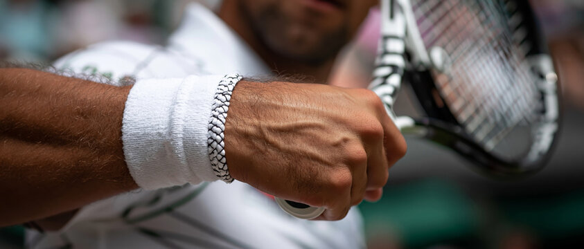 A close up of a tennis player's hand gripping a racket wearing a white wristband and silver bracelet against a blurred background.