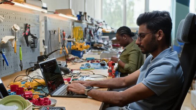Indian young adult male engineer typing code on laptop while African American young adult female colleague working on robotics in background. Footage is ideal for tech startup promos