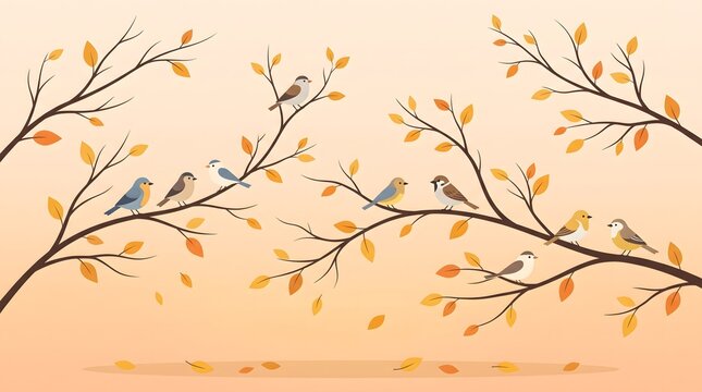 Small Birds Perched on Tree Branches with Falling Autumn Leaves Vector Illustration