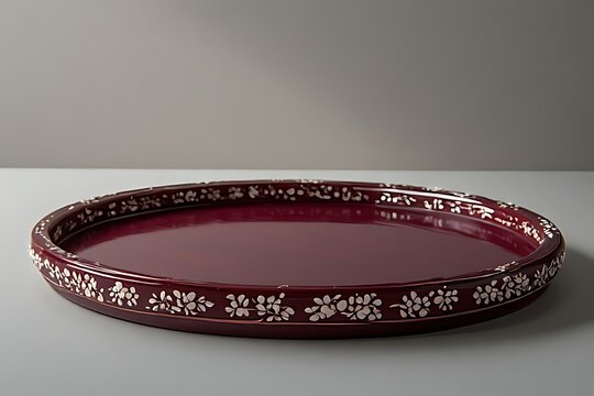IA generated Vietnamese lacquerware tray mockup in burgundy. Luxury home goods presentation template with glossy reflective surface.
