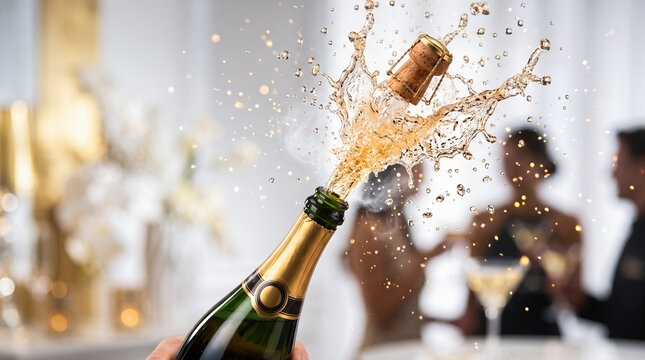 Champagne bottle popping cork creating massive liquid splash energetic beverage explosion happening during formal party celebration flying drops scattering across crowded elegant event