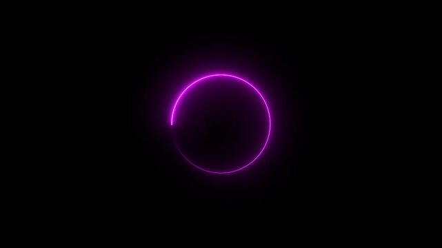 Render neon circle rotation of frame with shining effects on black background with alpha channel. Video animation Empty pink glowing techno backdrop. Round motion frame looping