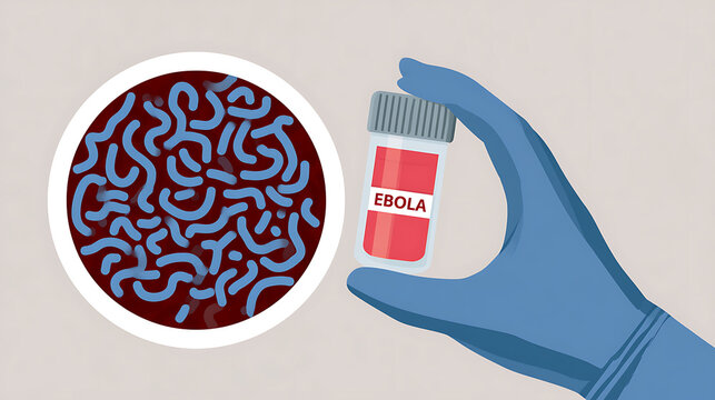 A gloved hand hold a test tube of ebola virus sample next to a petri dish filled with filovirus microorganism vector illustration concept