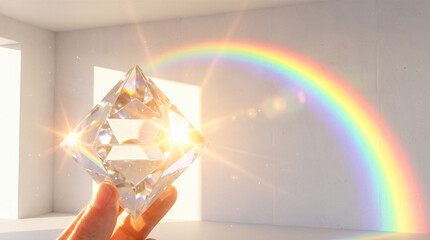 Naklejka premium Human fingers holding large transparent crystal shape reflecting bright sunlight casting colorful rainbow arc across blank white wall inside empty room