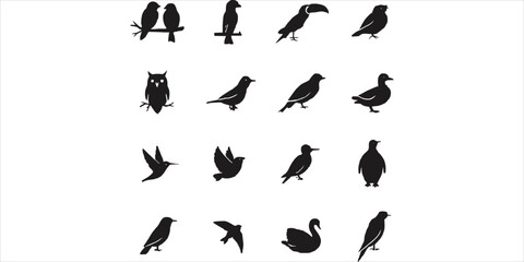 Naklejka premium Collection of sixteen different bird silhouettes in black isolated on a white background, file birds