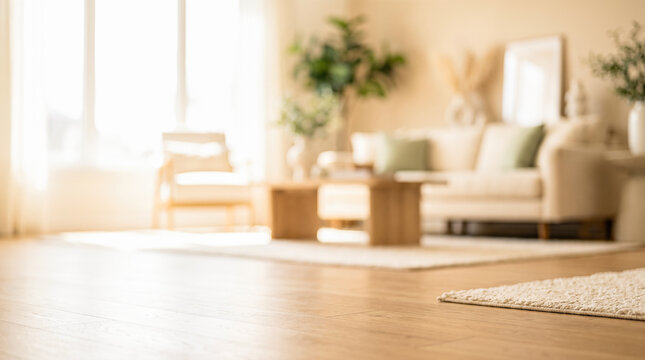 Close view showing wooden floorboards alongside textured rug edge foreground against blurred bright cozy living room background featuring comfortable sofa couch houseplants