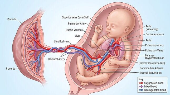 Fetal Blood Circulation and Heart Anatomy Medical Diagram