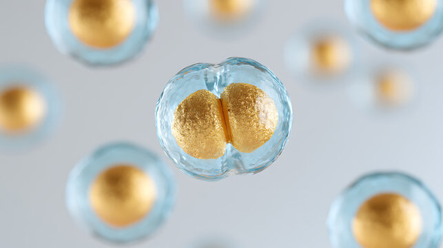 Microscopic view of cell division process showing biological mitosis and reproduction inside a living organism with glowing gold nuclei inside